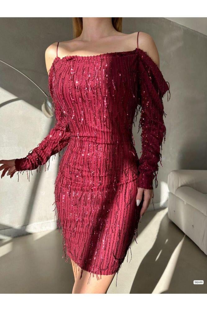 bordo ince askılı astarlı pul payet mini abiye elbise