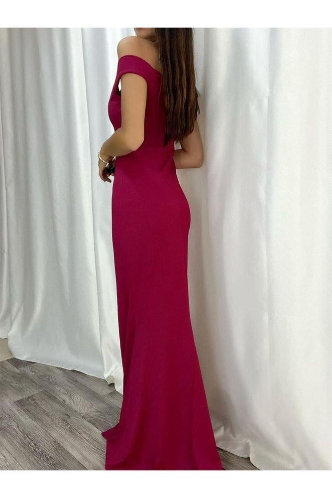 Bordo Krep Uzun Abiye Elbise