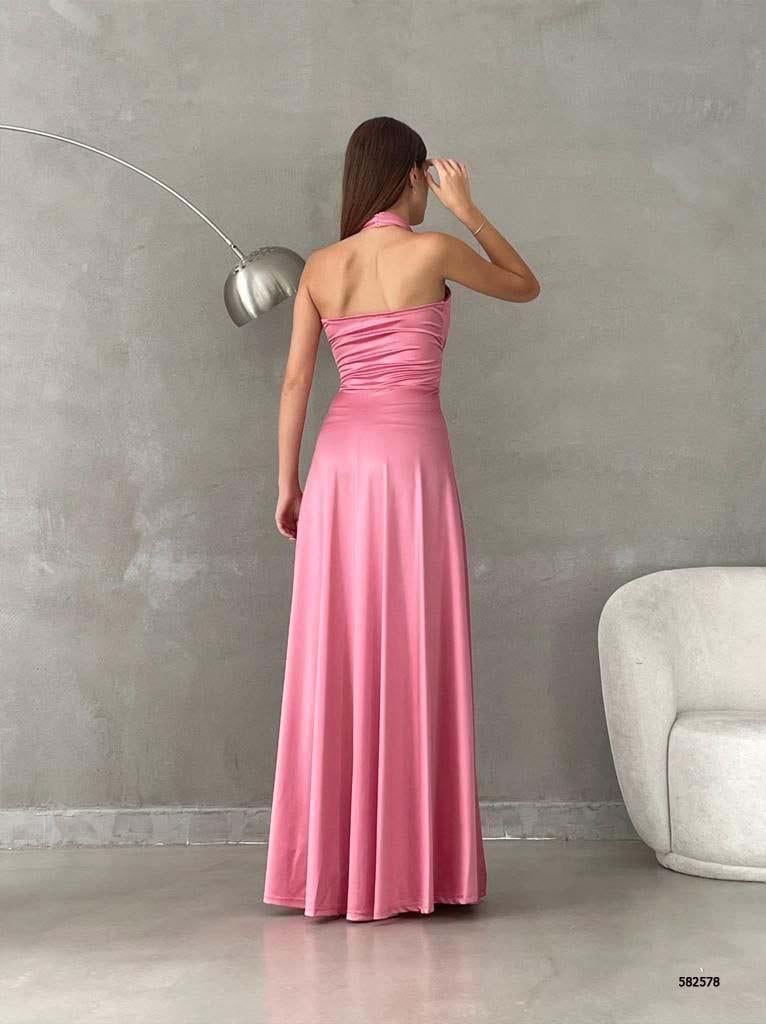 Boyun bağlamalı saten pembe abiye elbise