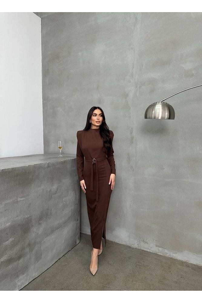 Kadın Bej Krep Kumaş Degaje Yaka Kalem Abiye Elbise