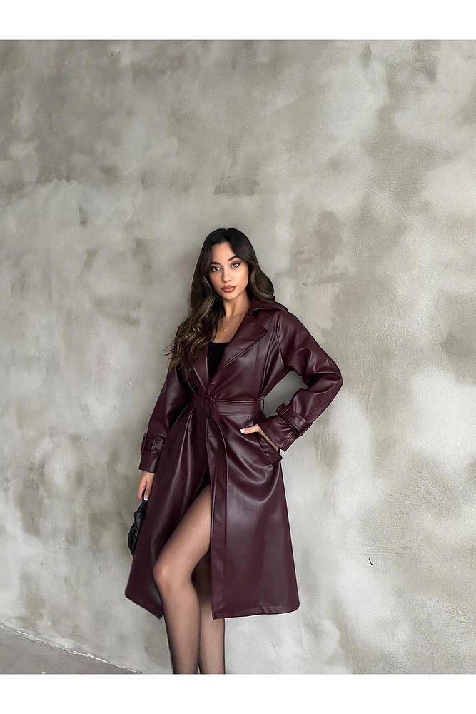 Kadın Bordo Kuşaklı Deri Trençkot