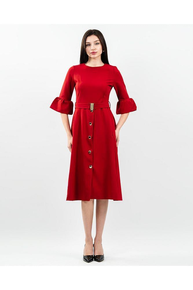 Kadın Kırmızı Düğme Detaylı Truvakar Kol Kemerli Midi Abiye Elbise