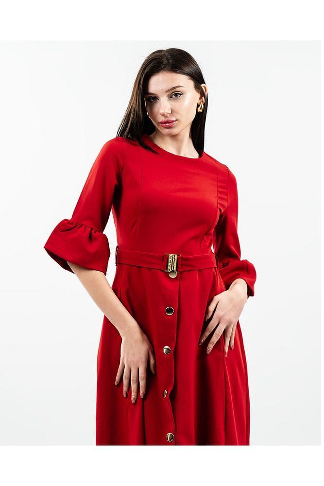 Kadın Kırmızı Düğme Detaylı Truvakar Kol Kemerli Midi Abiye Elbise