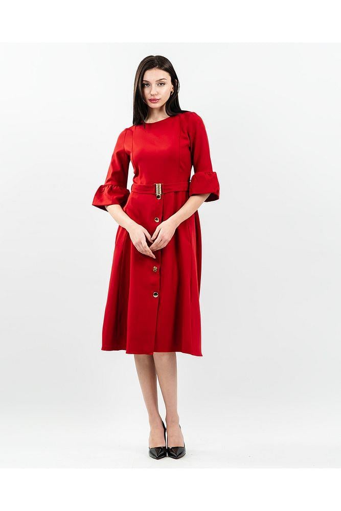 Kadın Kırmızı Düğme Detaylı Truvakar Kol Kemerli Midi Abiye Elbise