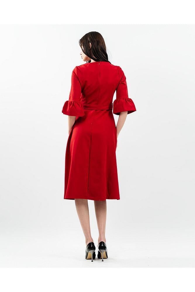 Kadın Kırmızı Düğme Detaylı Truvakar Kol Kemerli Midi Abiye Elbise