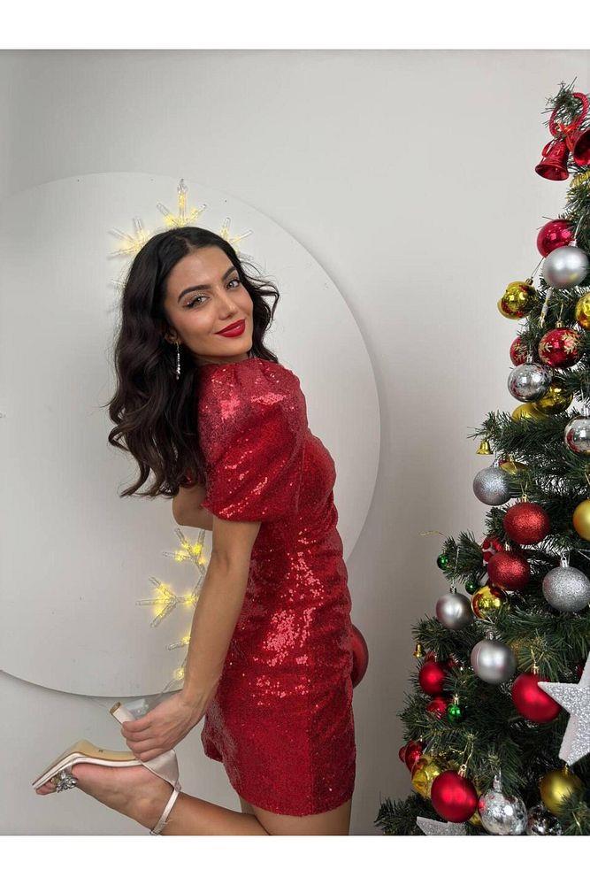 Kadın Kırmızı Önü Büzgülü Kısa Kol Payet Abiye Elbise