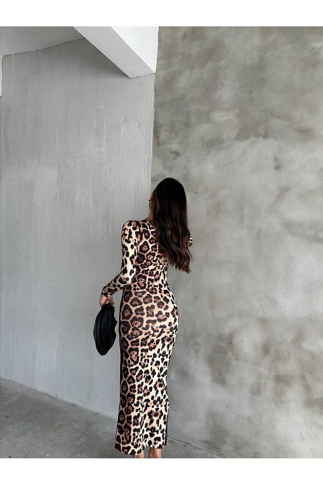 kadın leopar desenli maxi boy abiye elbise