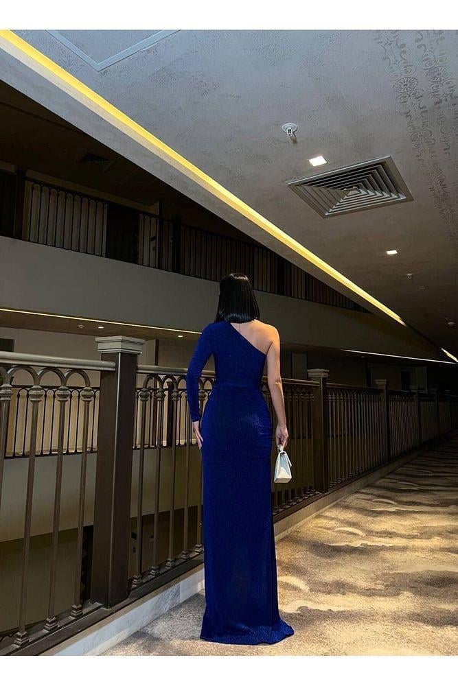 Kadın mavi Tek Omuz Gül Detaylı Yırtmaçlı Abiye Elbise