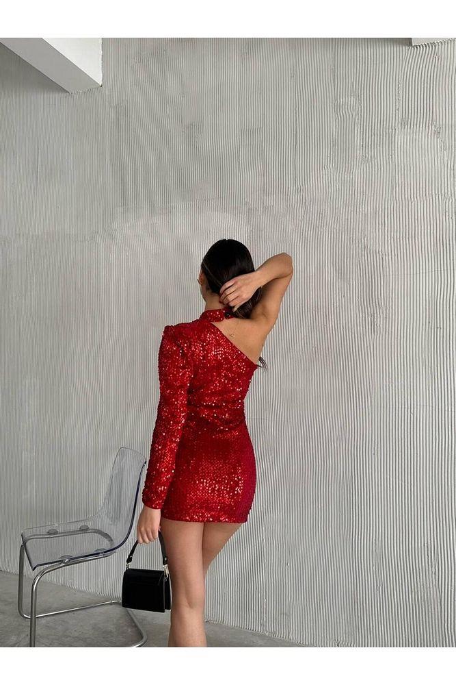 Kadın Payet Tek Kol Kırmızı Mini Elbise