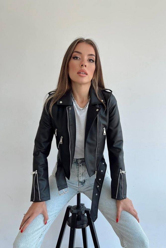 Kadın Siyah Biker Deri Ceket