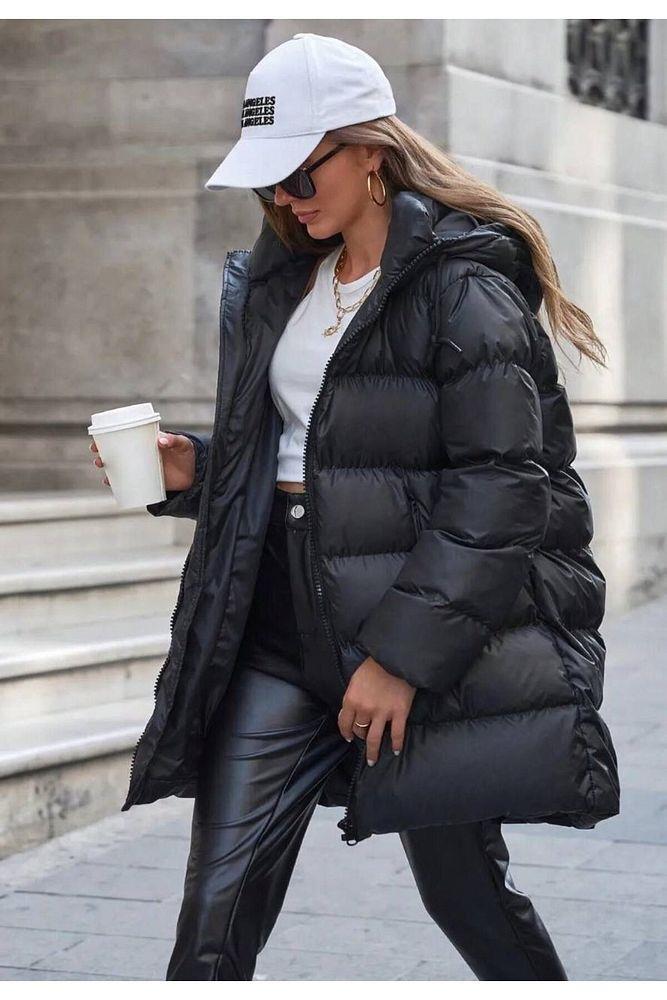 Kadın Siyah Oversize Kapüşonlu  Şişme Mont