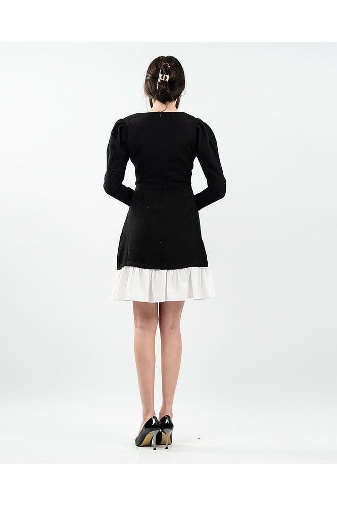 Kadın Siyah Tweed Garnili Kısa Şanel Elbise