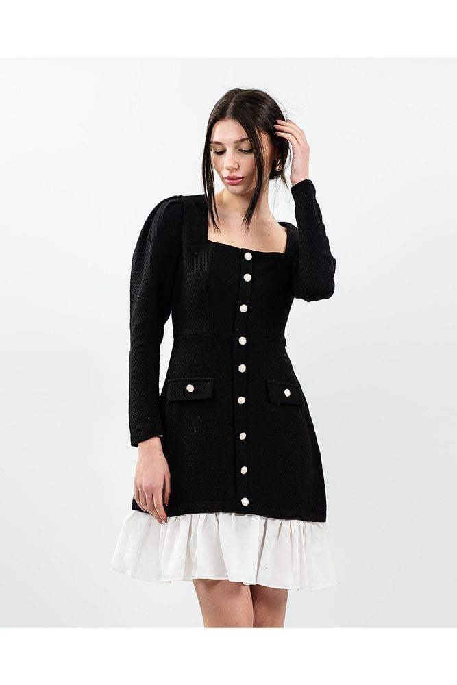 Kadın Siyah Tweed Garnili Kısa Şanel Elbise