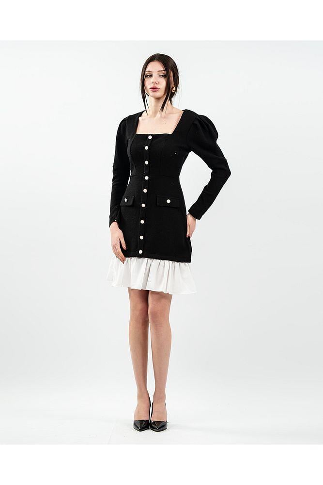 Kadın Siyah Tweed Garnili Kısa Şanel Elbise