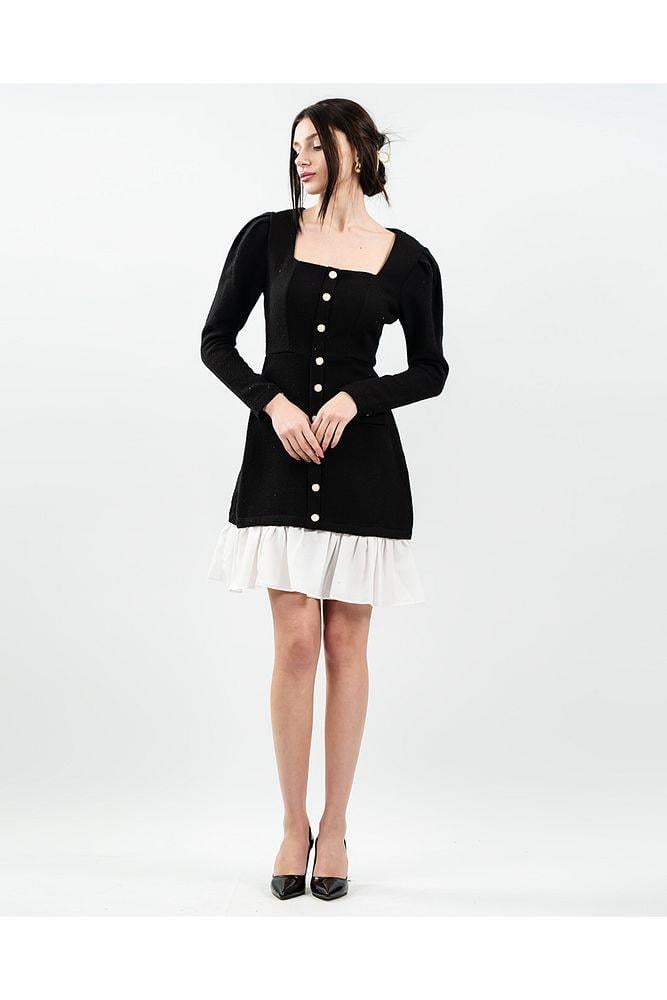 Kadın Siyah Tweed Garnili Kısa Şanel Elbise