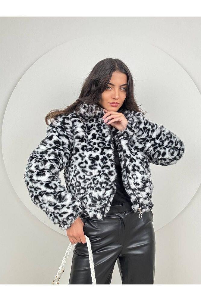 Leopar Desen Fermuarlı Peluş Mont