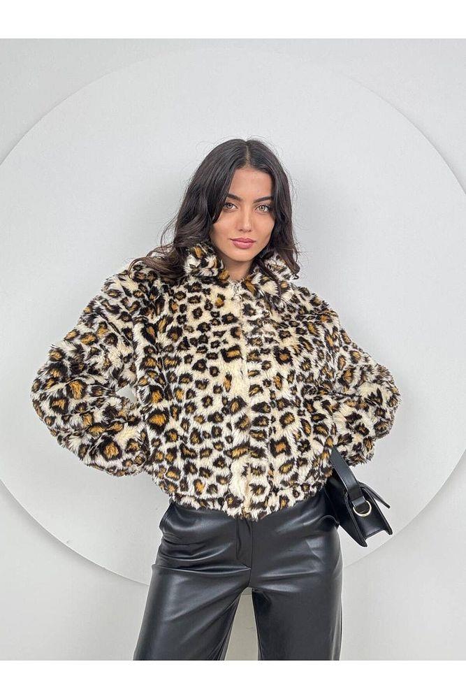 Leopar Desen Fermuarlı Peluş Mont