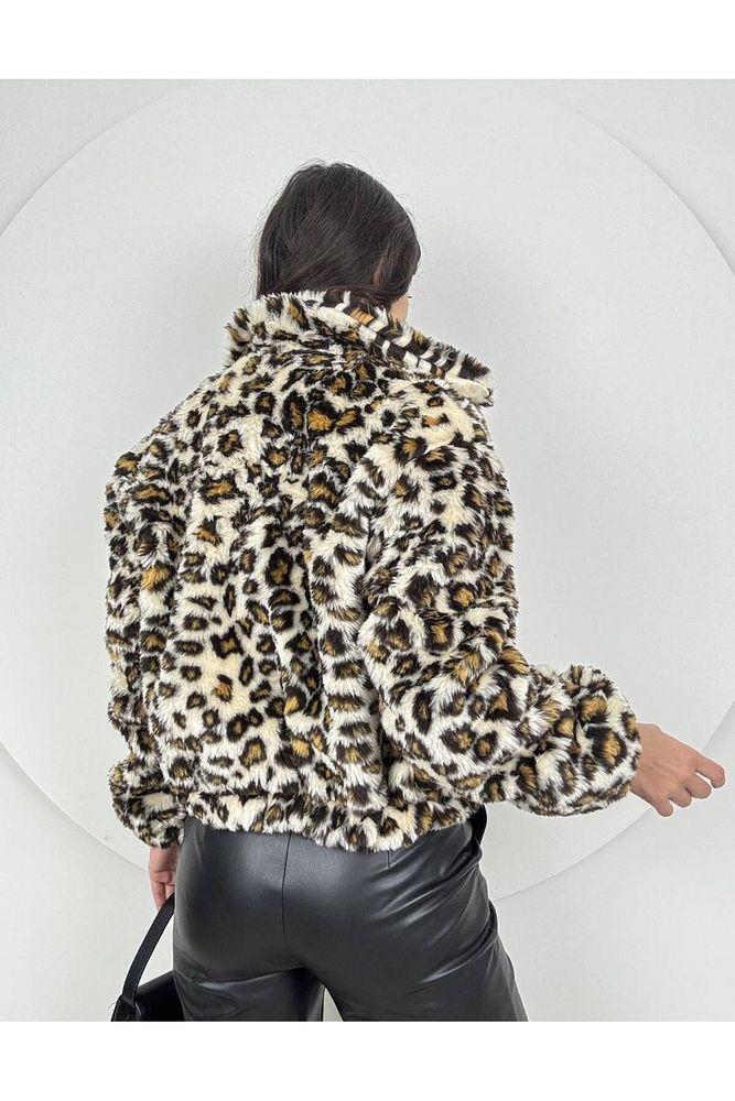 Leopar Desen Fermuarlı Peluş Mont