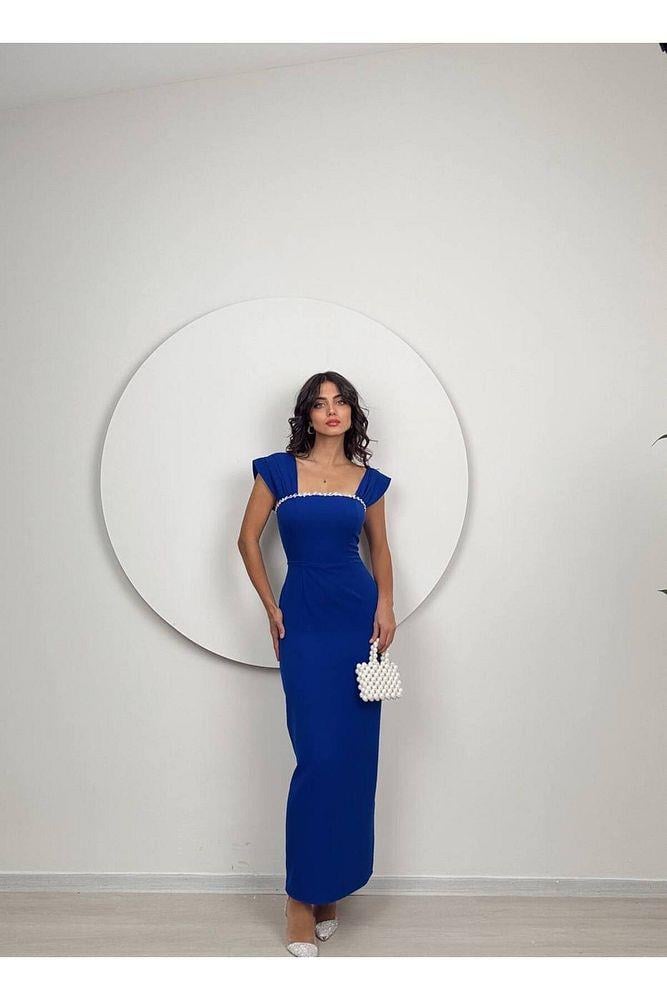 Saks taş detaylı abiye elbise
