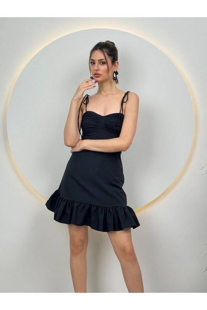 Siyah askılı mini abiye mezuniyet elbise