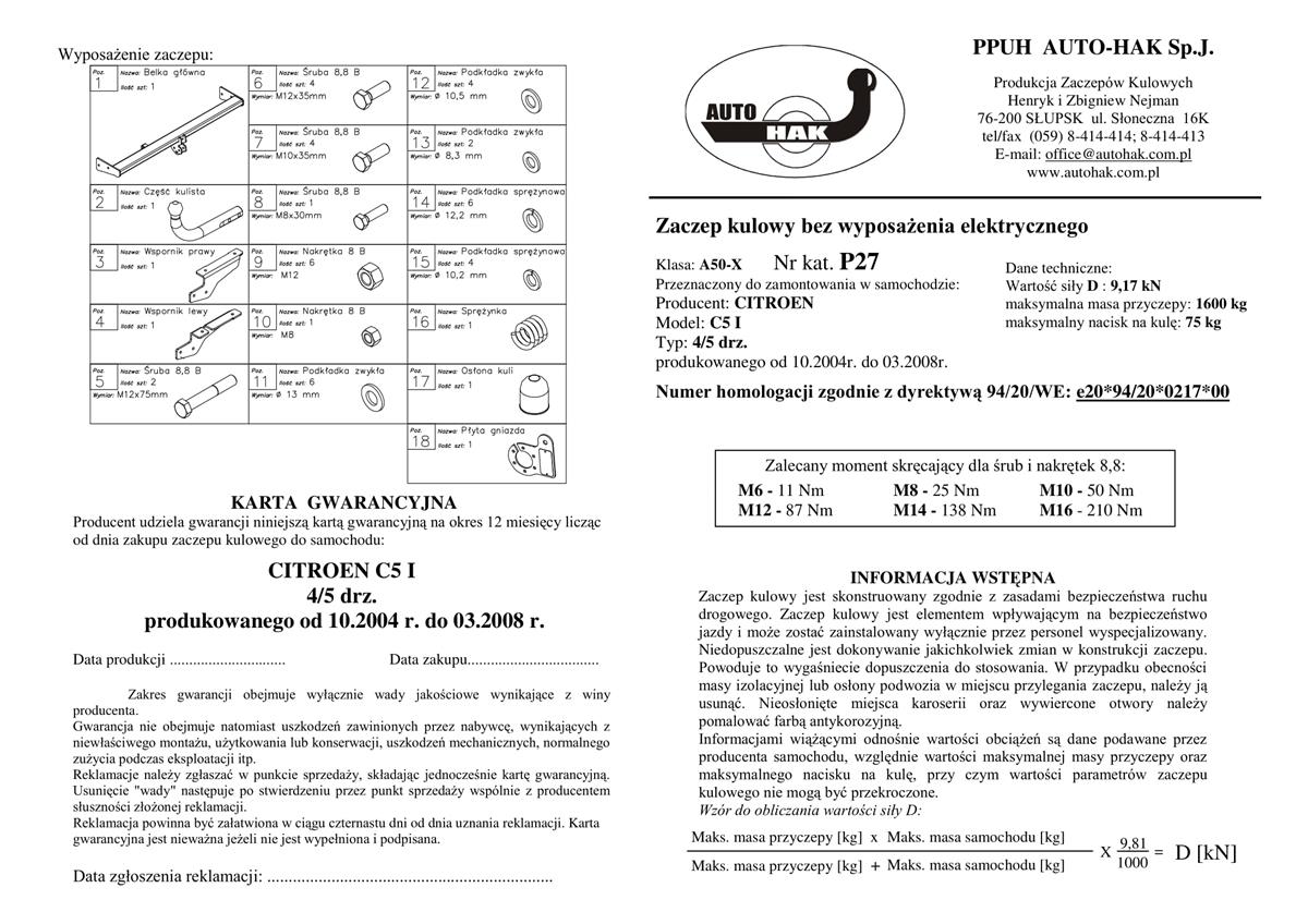 Citroen C5  Çeki Demiri 