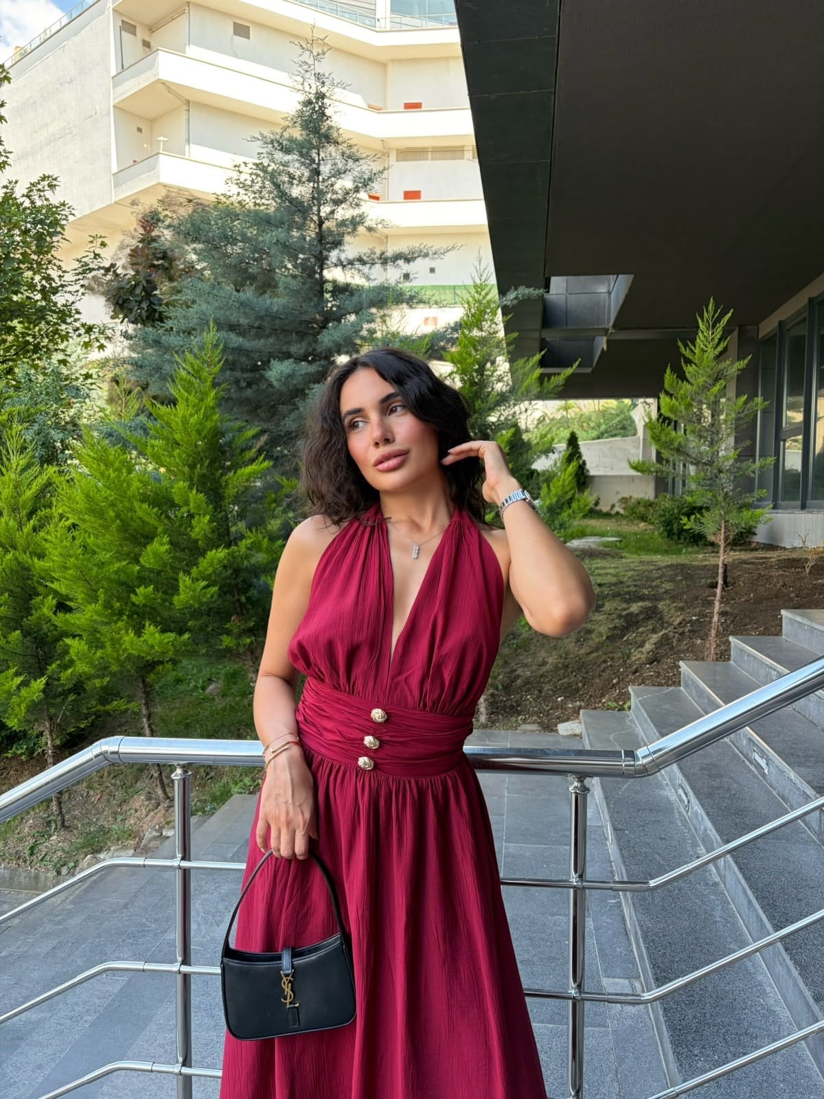 BORDO BOYUNDAN BAĞLAMALI UZUN ELBİSE 