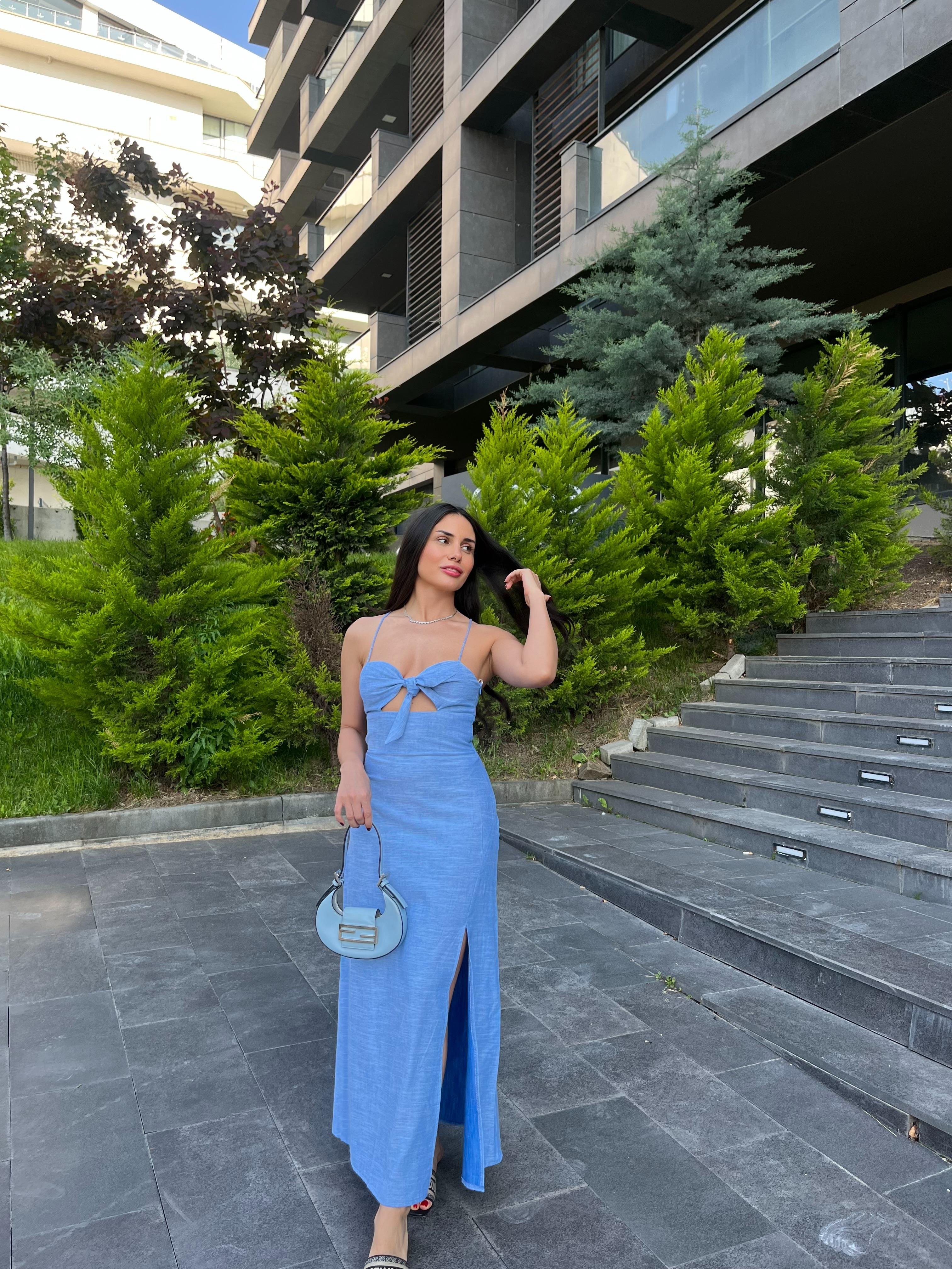 YIRTMAÇLI MİDİ ELBİSE 