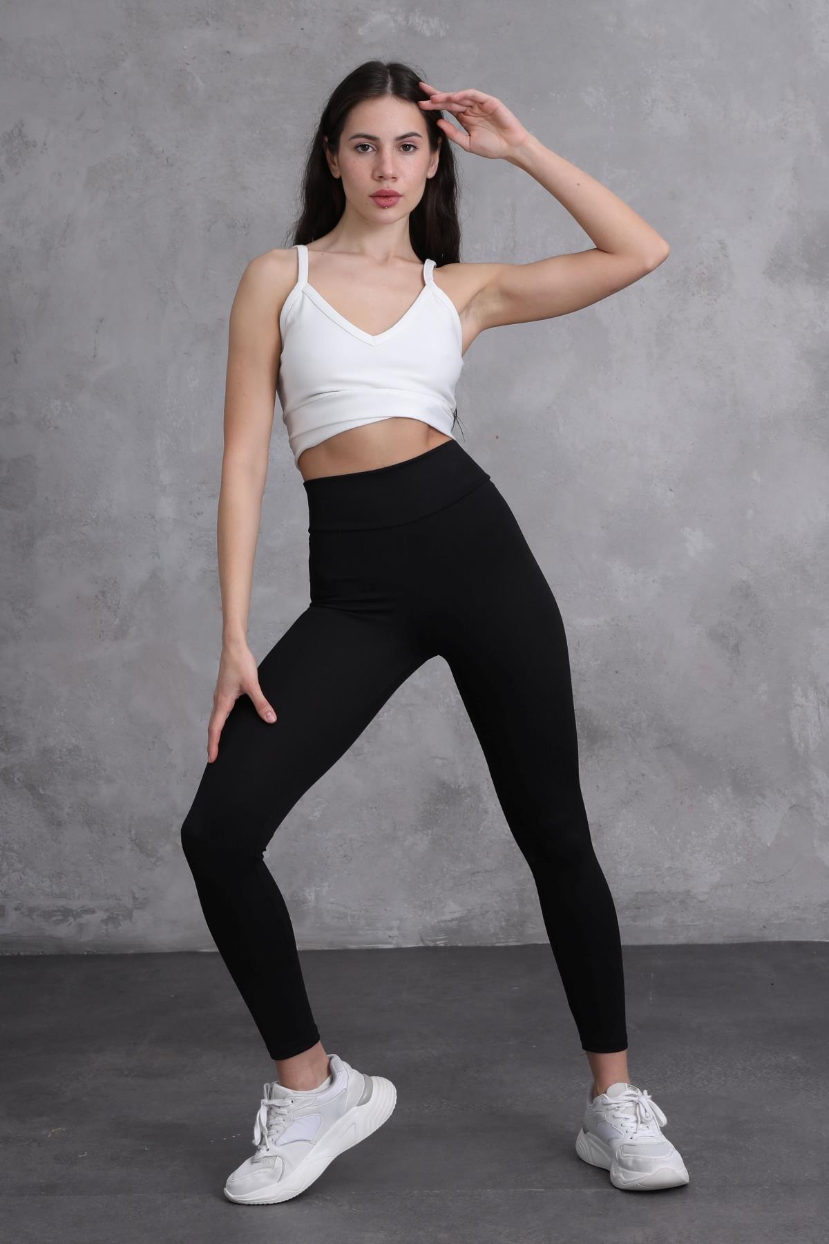 Siyah Kadın Yüksek Bel Toparlayıcılı Slim Fit Dar Paça Tayt