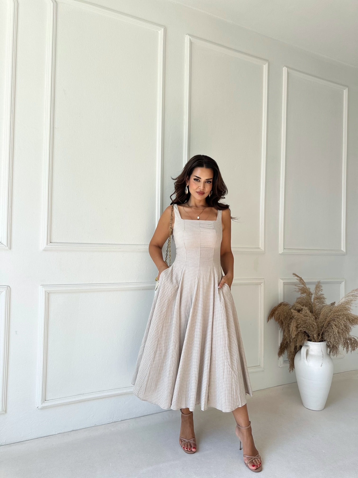 Alba Pötikare Kare Yaka Pamuklu Midi Kloş Elbise - Bej