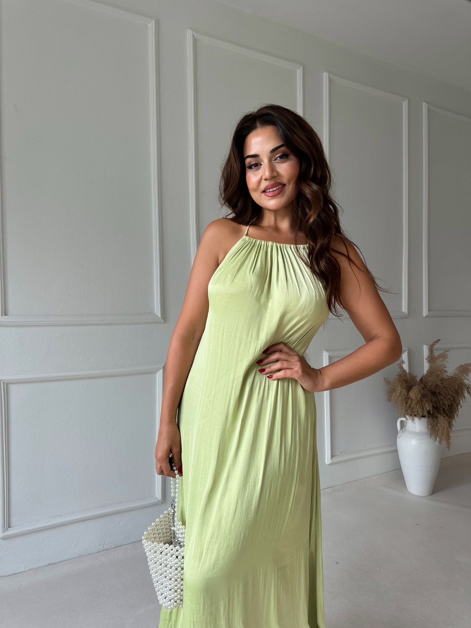 Amalfi Sırt Dekolteli Saten Maxi Elbise - Yeşil