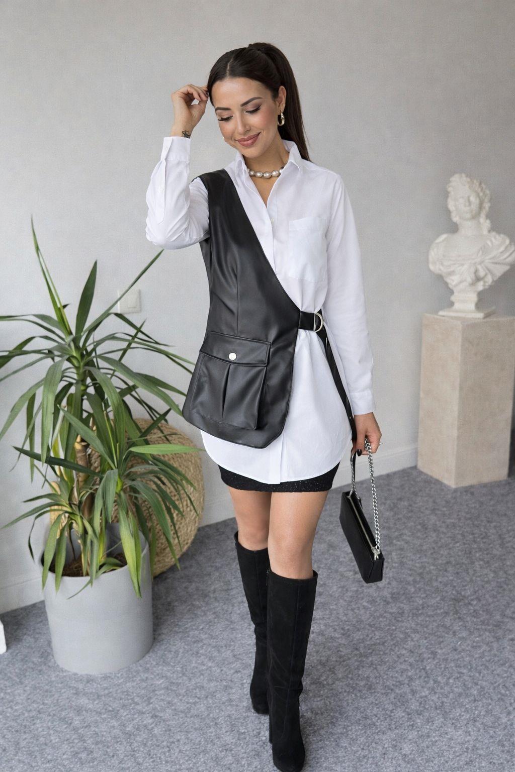 Asimetrik Kemer Detaylı Deri Yelek – Siyah