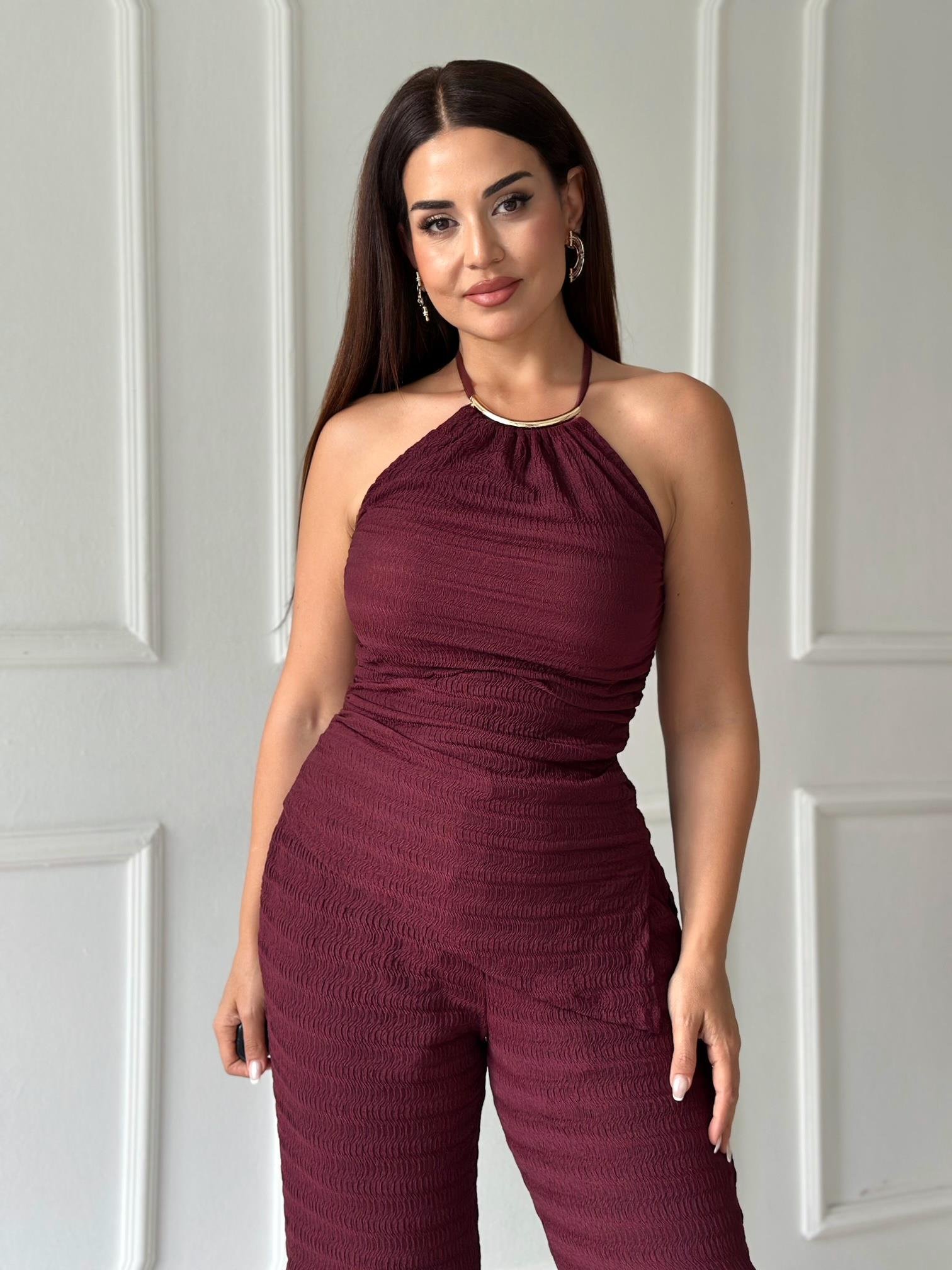 Athena Gold Detay Halter Yaka Bluz ve Pantolon Takım - Bordo