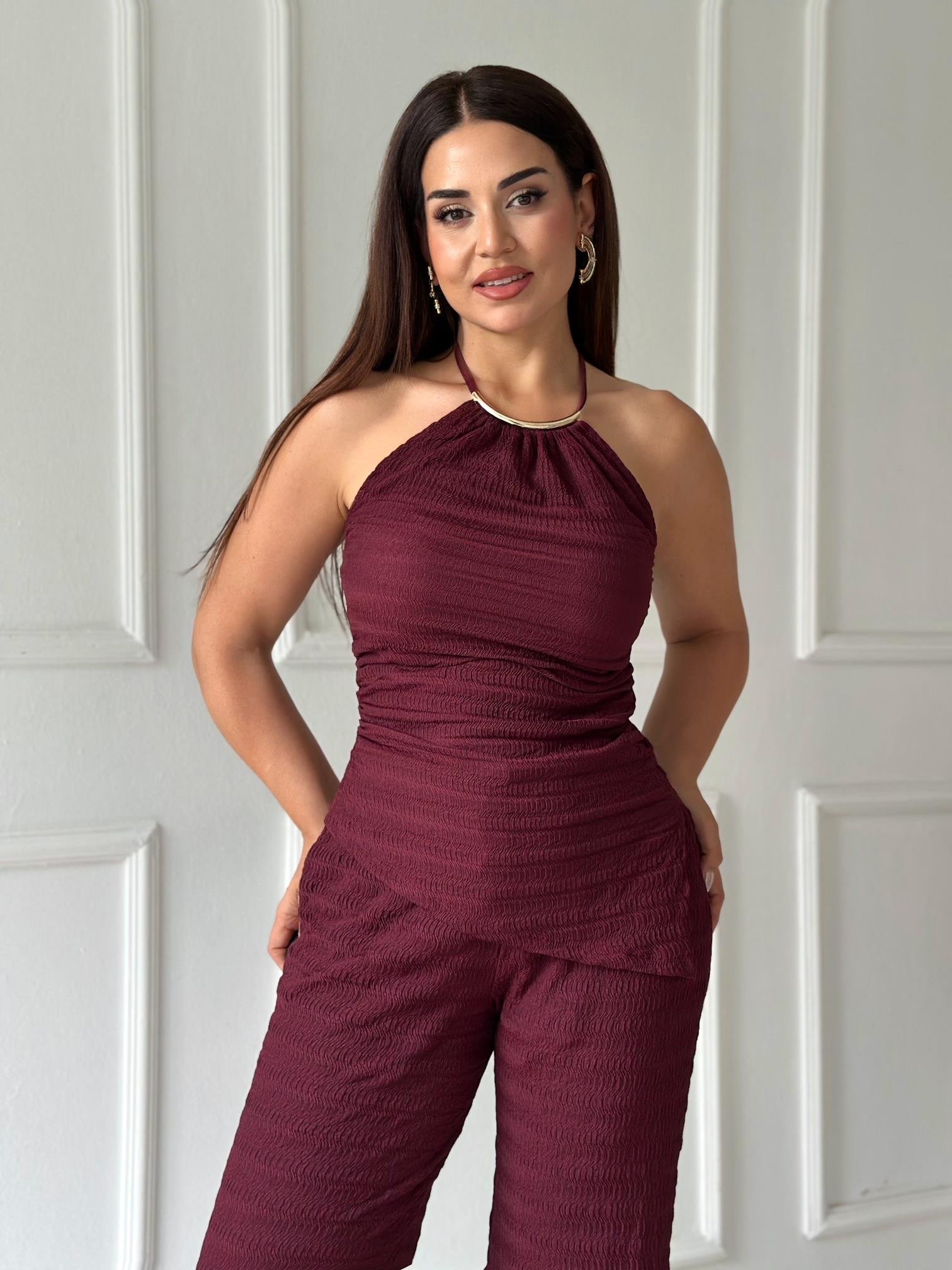 Athena Gold Detay Halter Yaka Bluz ve Pantolon Takım - Bordo