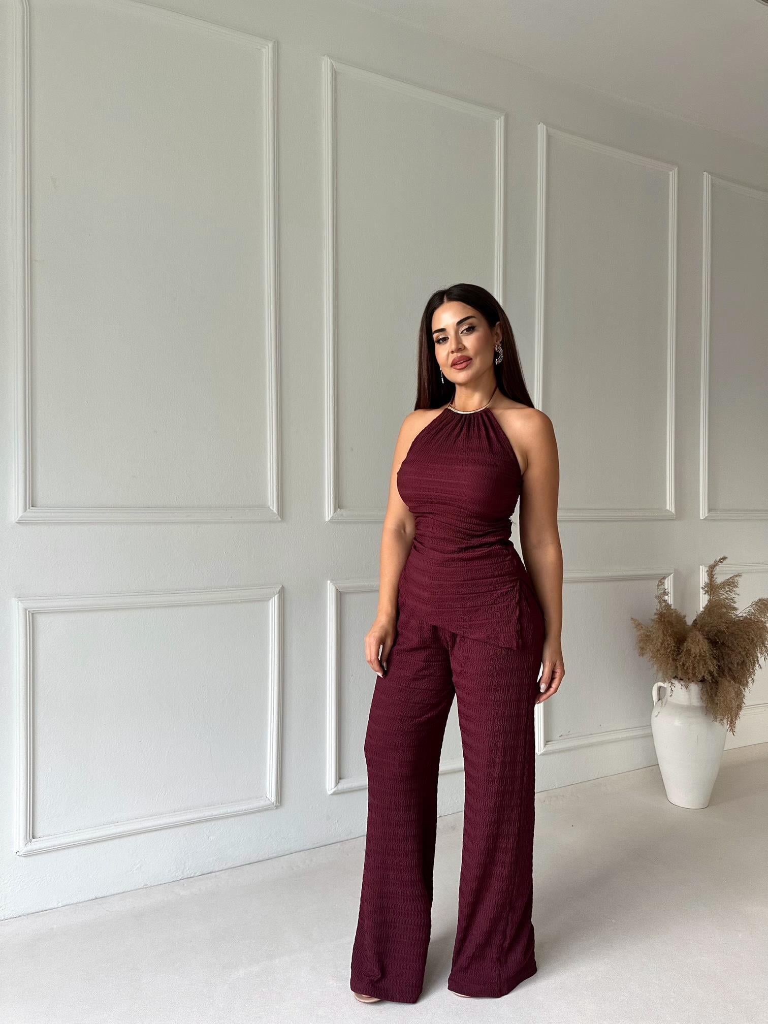 Athena Gold Detay Halter Yaka Bluz ve Pantolon Takım - Bordo