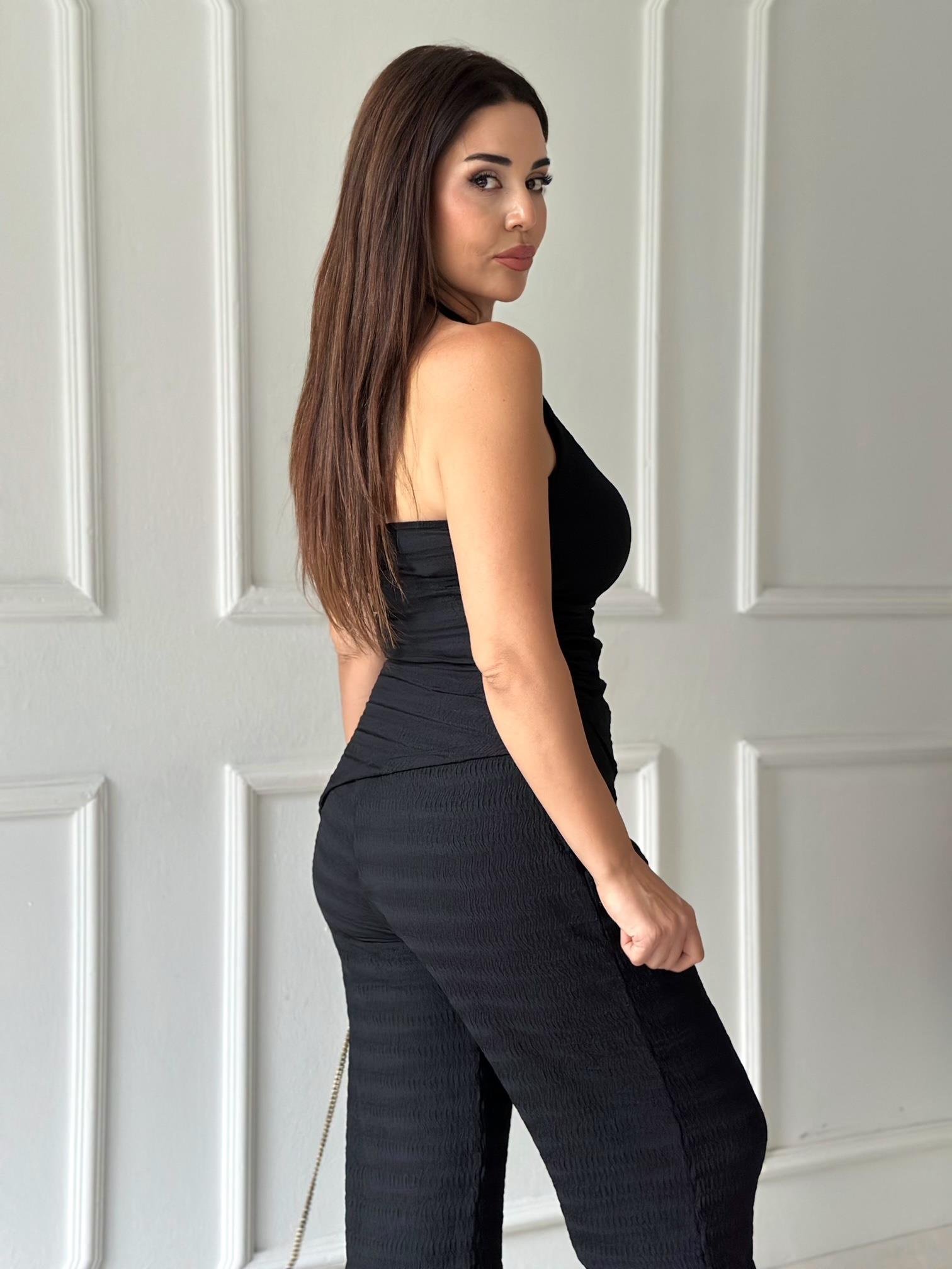 Athena Gold Detay Halter Yaka Bluz ve Pantolon Takım - Siyah