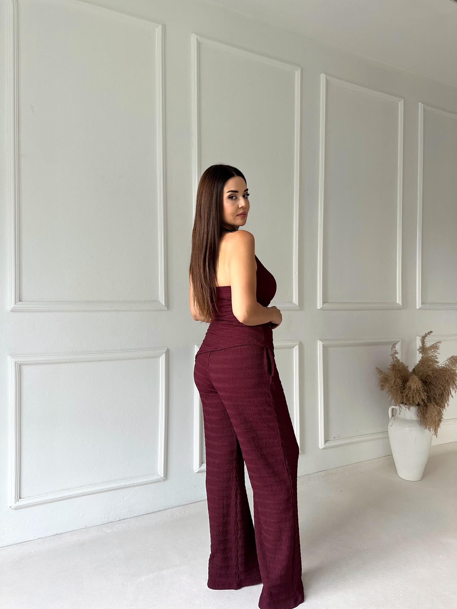 Athena Gold Detay Halter Yaka Bluz ve Pantolon Takım - Bordo