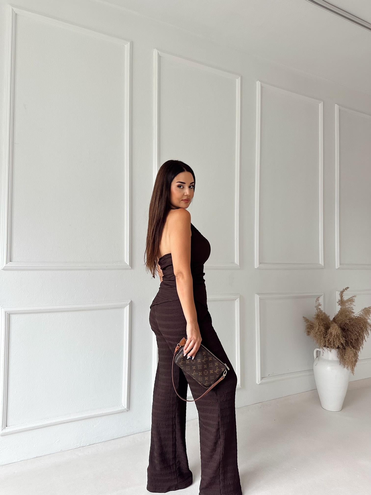 Athena Gold Detay Halter Yaka Bluz ve Pantolon Takım - Kahve 