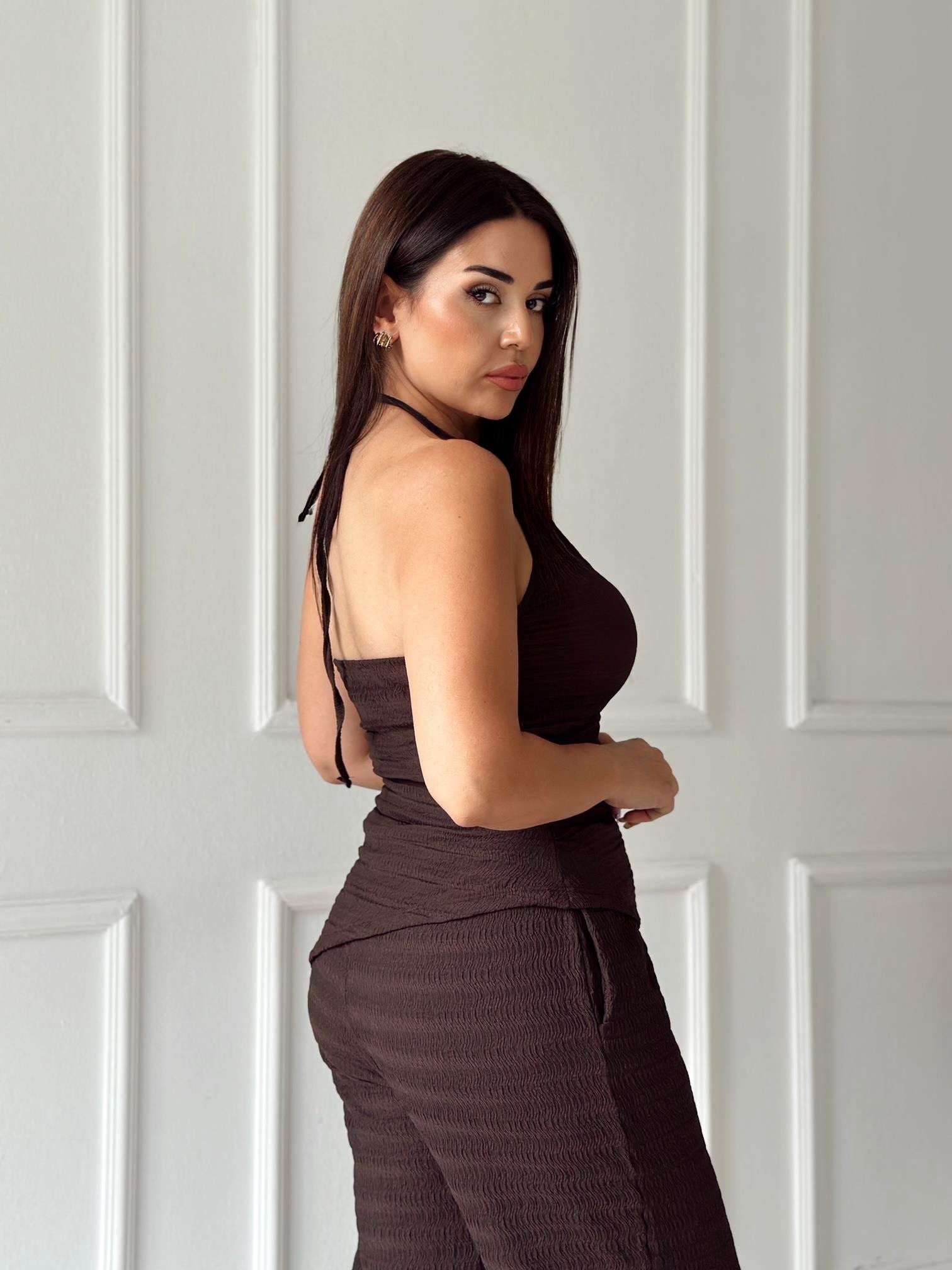 Athena Gold Detay Halter Yaka Bluz ve Pantolon Takım - Kahve 