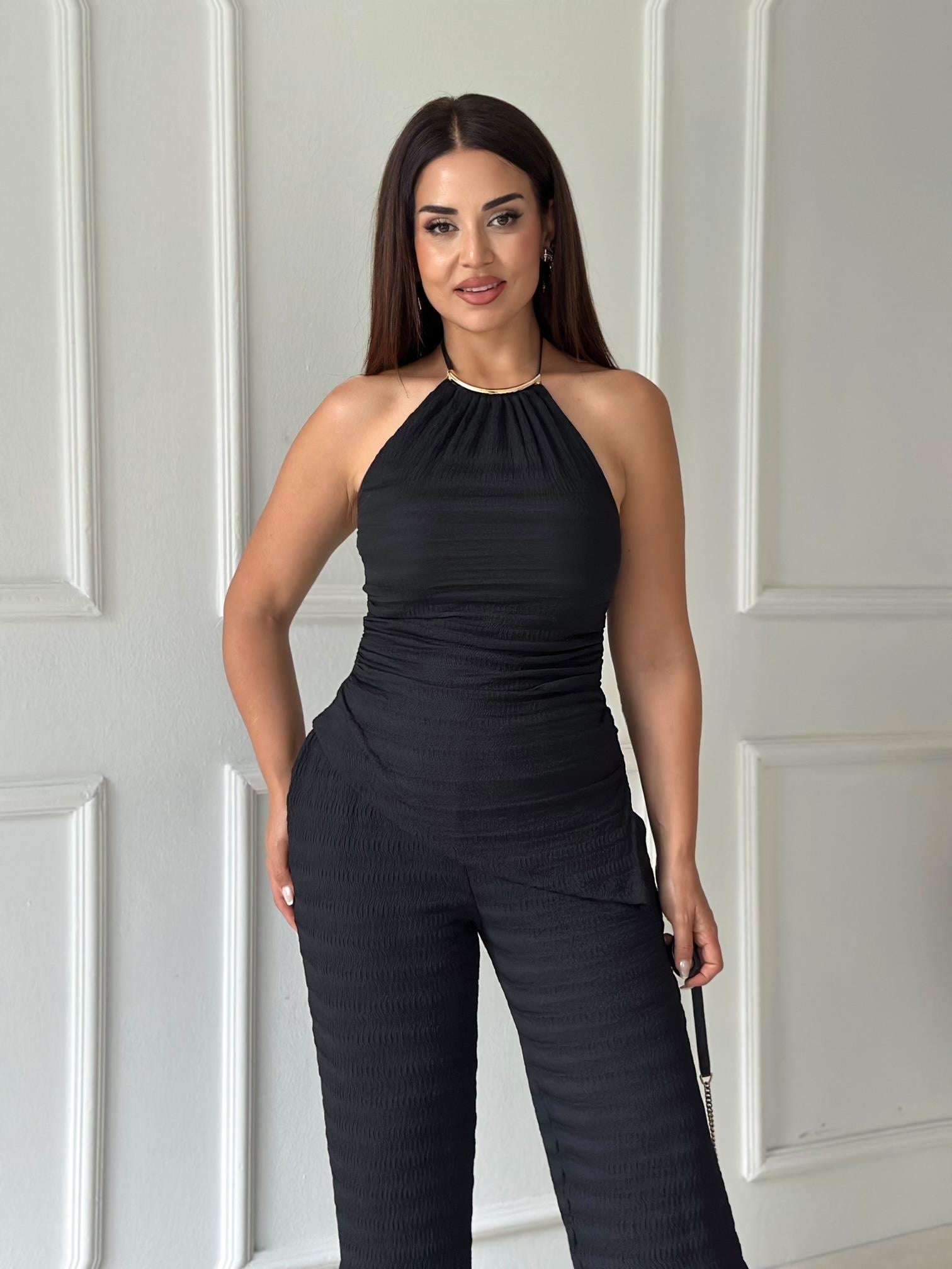 Athena Gold Detay Halter Yaka Bluz ve Pantolon Takım - Siyah