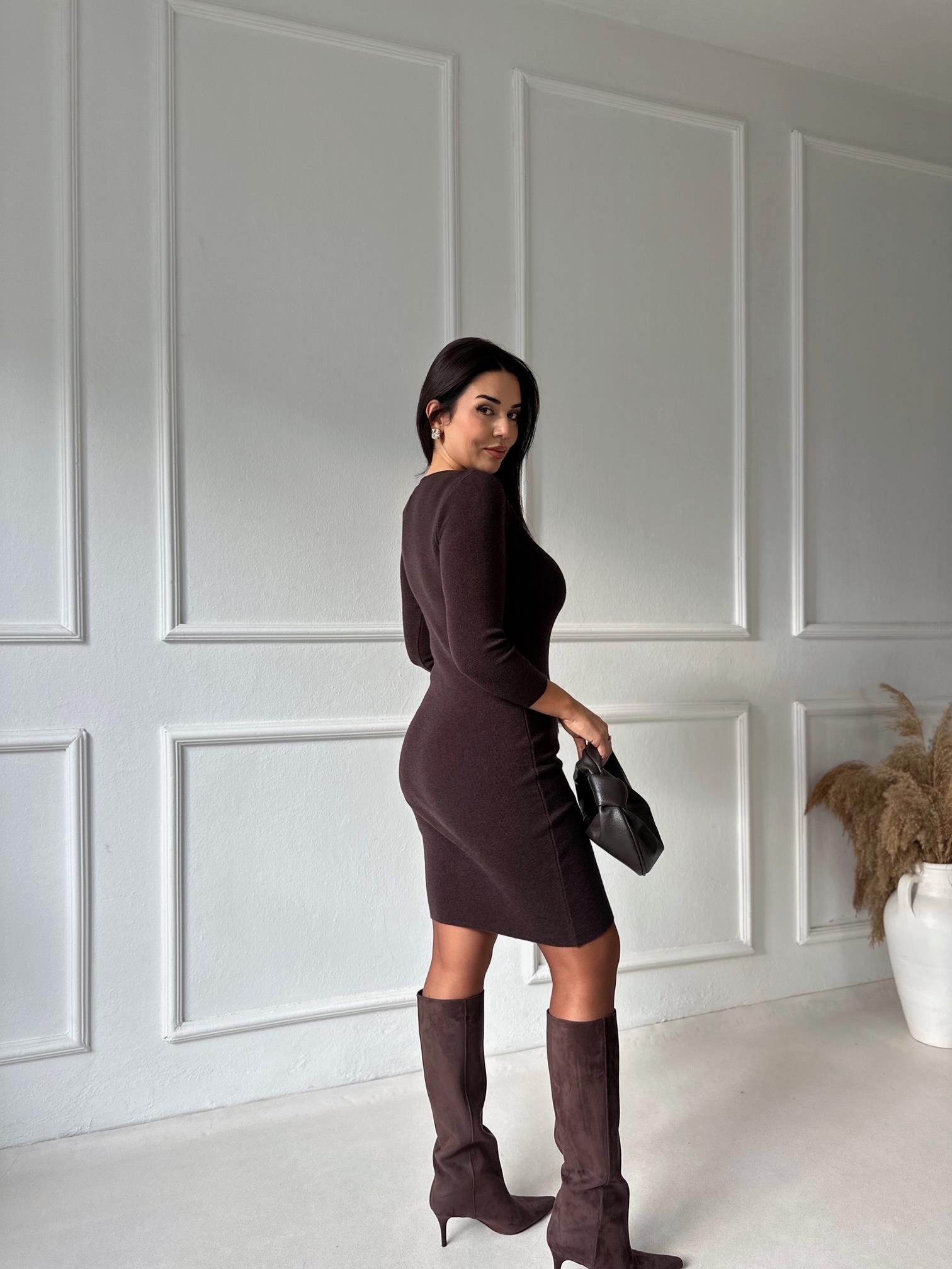 Aura Premium Kalite Triko Elbise - Kahve