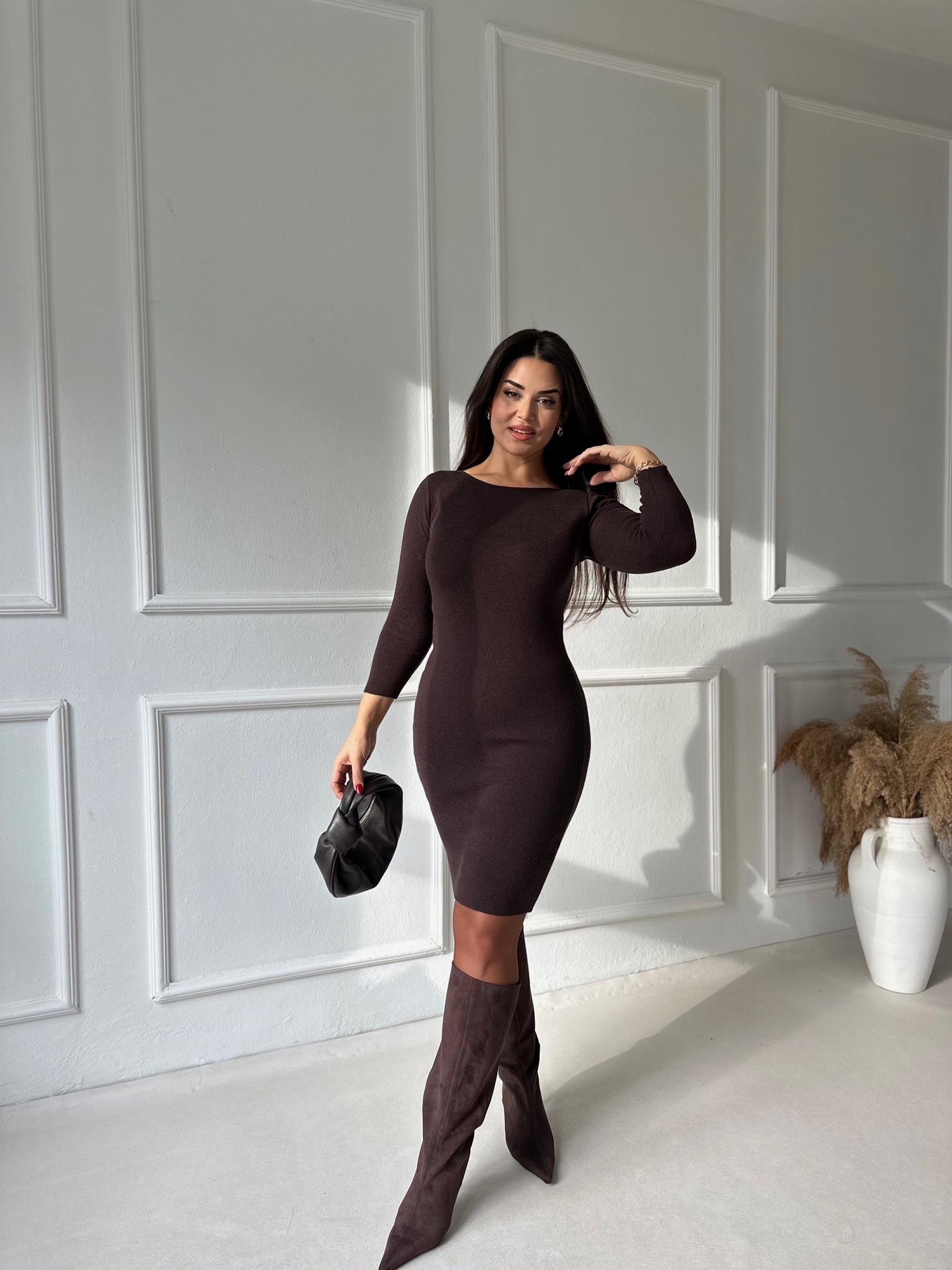 Aura Premium Kalite Triko Elbise - Kahve