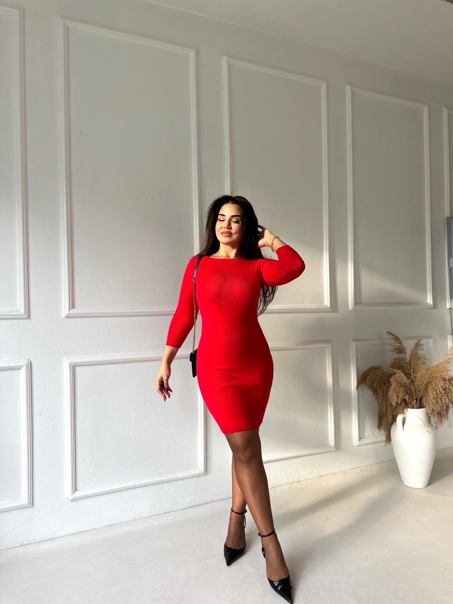 Aura Premium Kalite Triko Elbise - Kırmızı