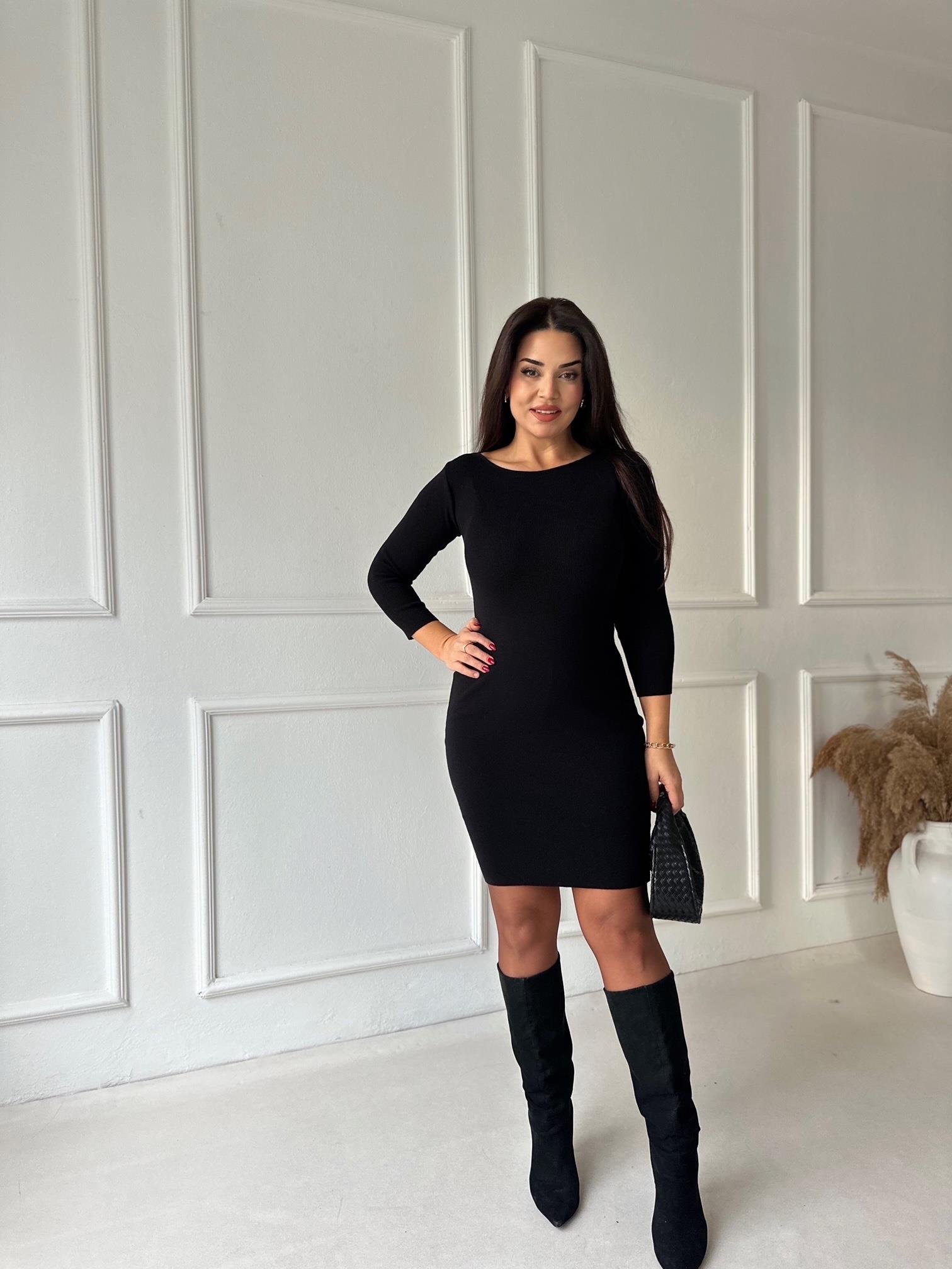 Aura Premium Kalite Triko Elbise - Siyah