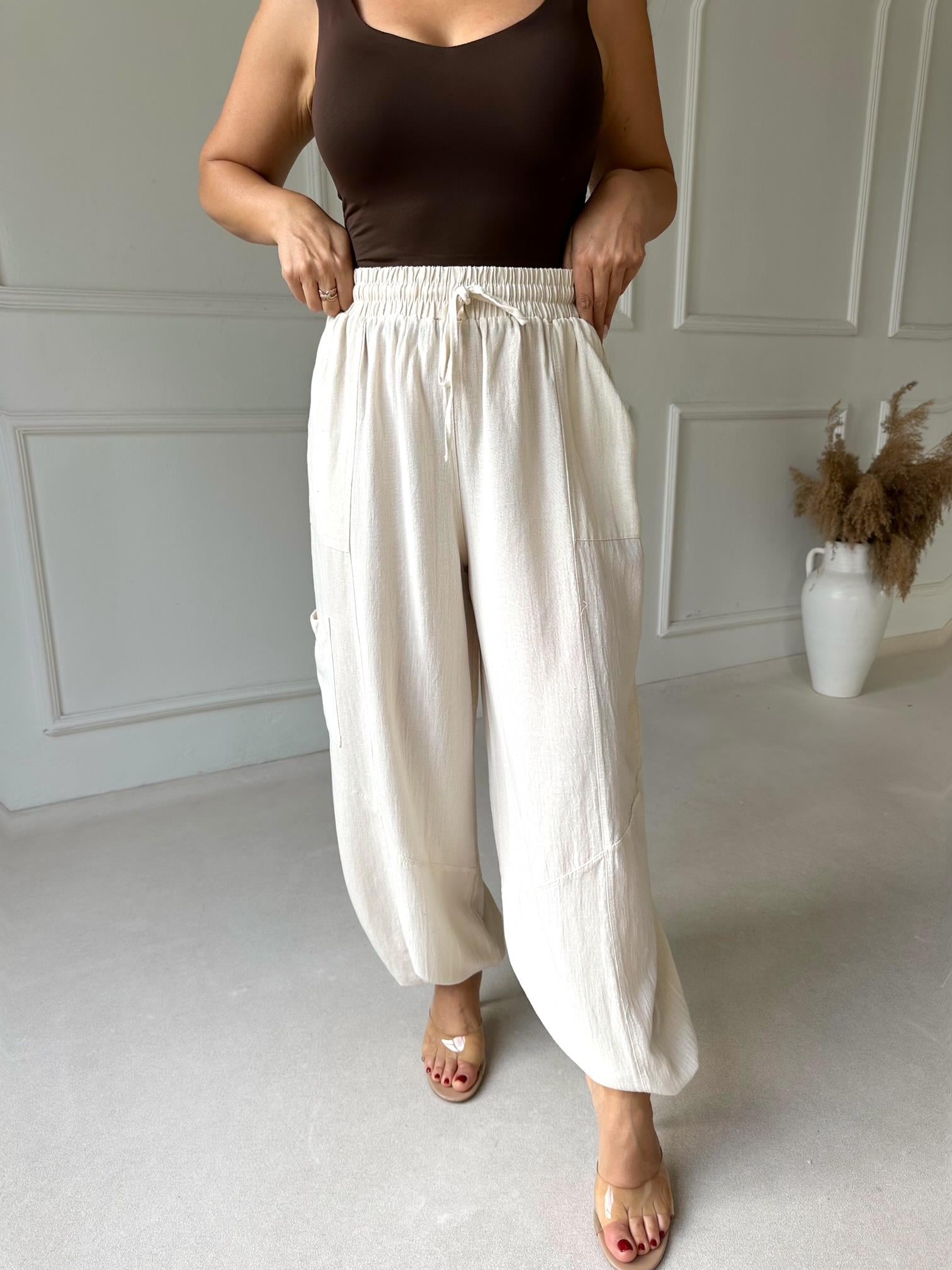 Baggy Comfort Keten Pantolon - Bej