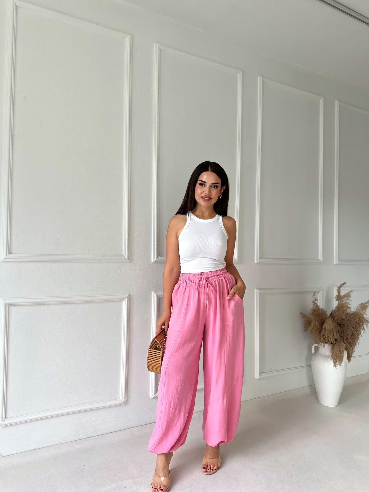 Baggy Comfort Keten Pantolon - Pembe
