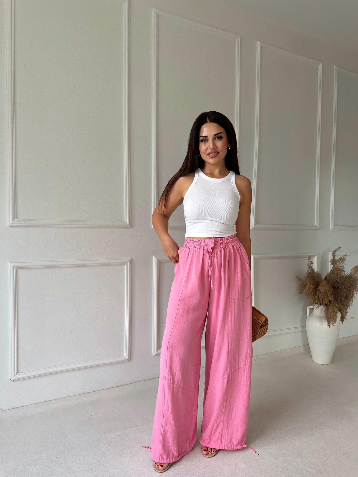Baggy Comfort Keten Pantolon - Pembe