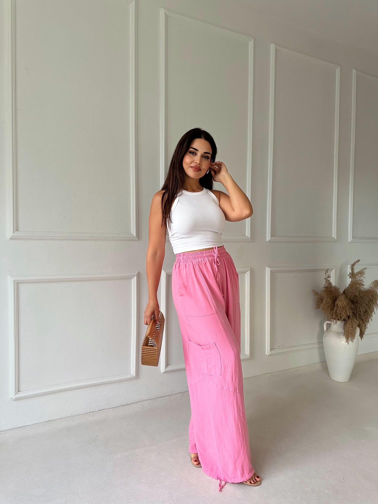 Baggy Comfort Keten Pantolon - Pembe