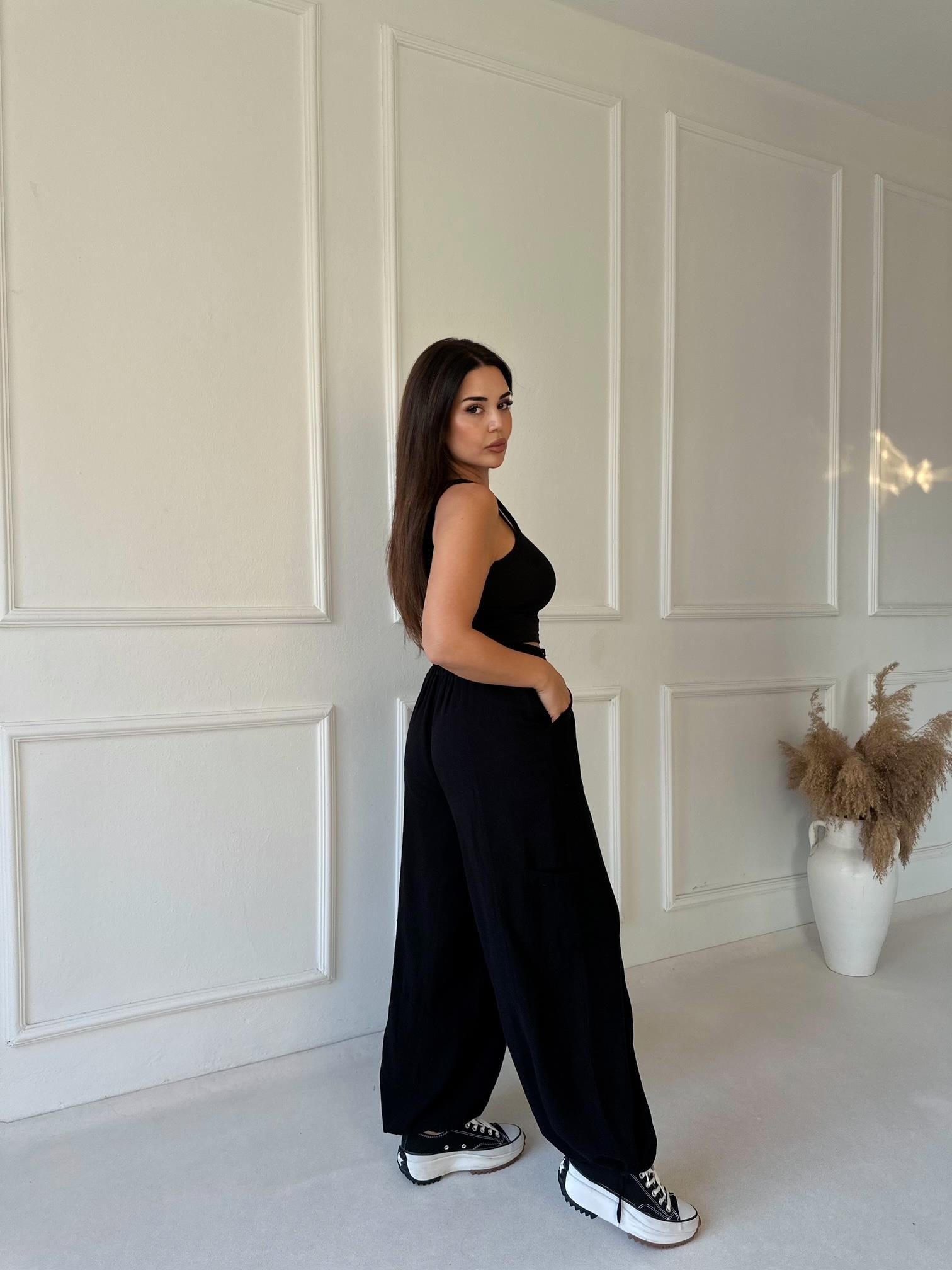 Baggy Comfort Keten Pantolon - Siyah