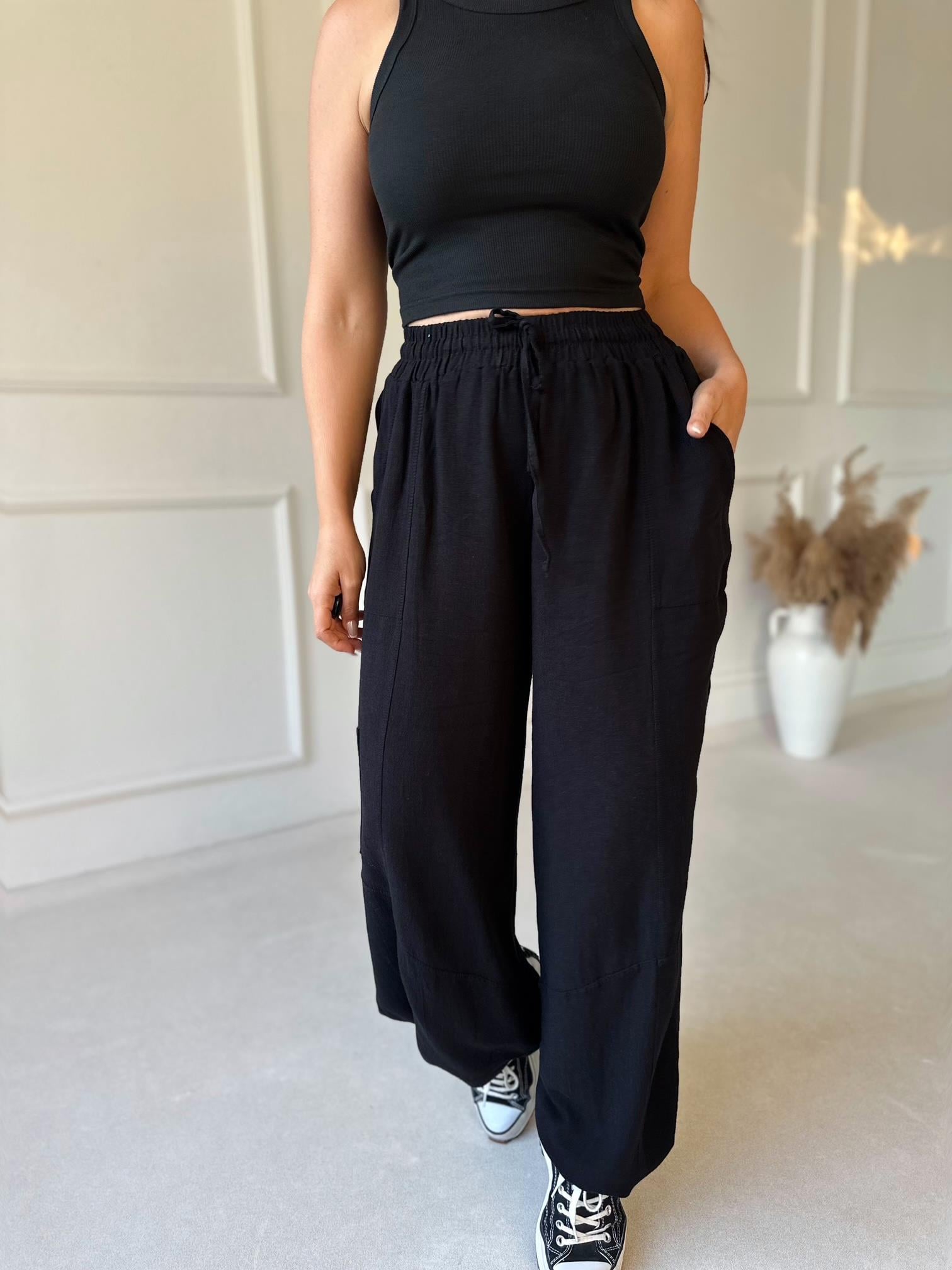 Baggy Comfort Keten Pantolon - Siyah