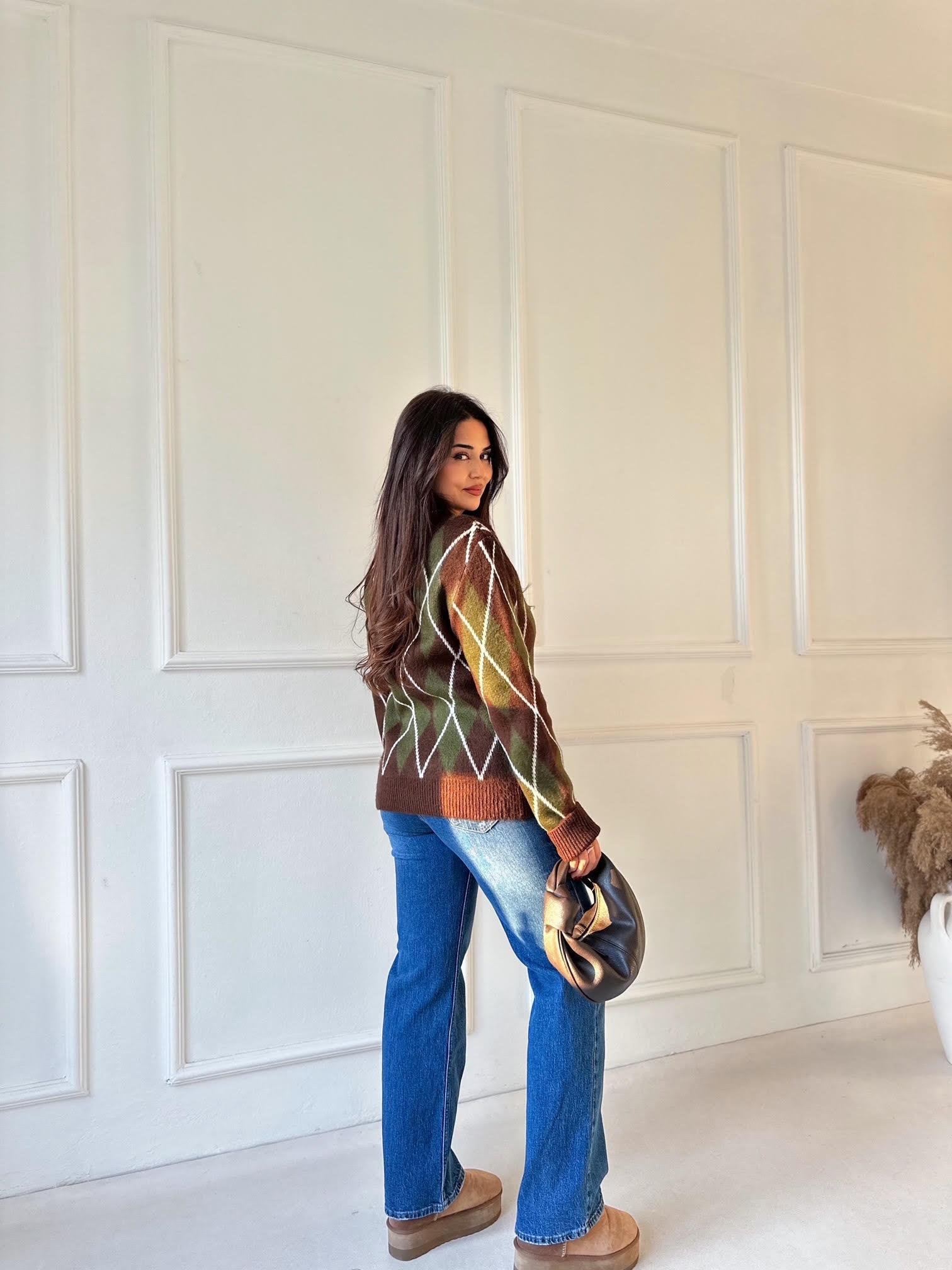 Baklava Desen Premium Triko Kazak - Kahve